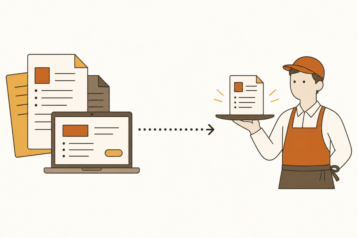 Illustration of job postings flowing from boards to a worker holding a tray